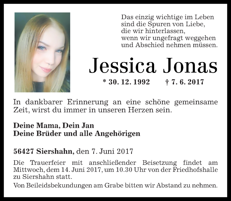  Traueranzeige für Jessica Jonas vom 12.06.2017 aus Westerwälder Zeitung