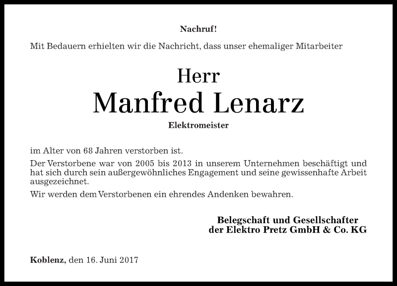  Traueranzeige für Manfred Lenarz vom 16.06.2017 aus Rhein-Zeitung