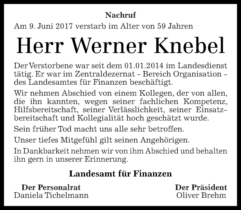  Traueranzeige für Werner Knebel vom 17.06.2017 aus Rhein-Zeitung