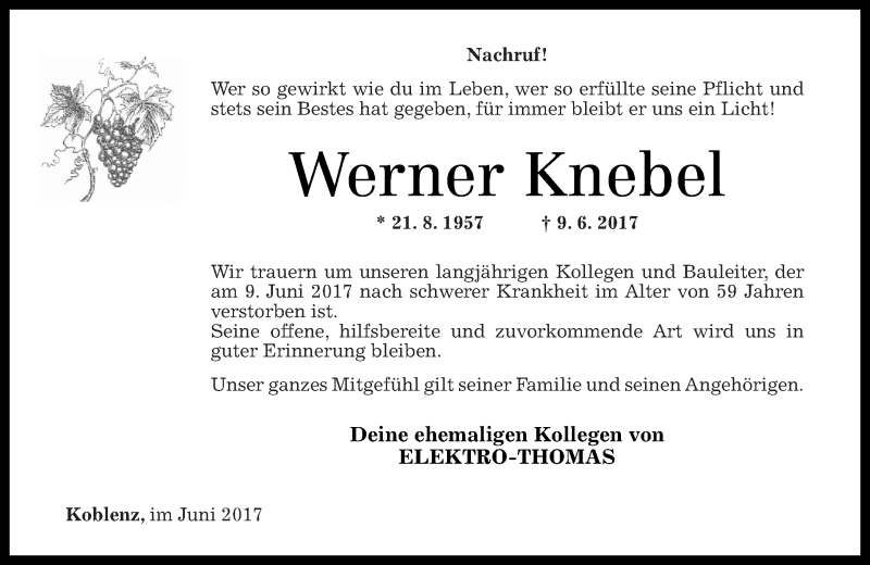  Traueranzeige für Werner Knebel vom 21.06.2017 aus Rhein-Zeitung