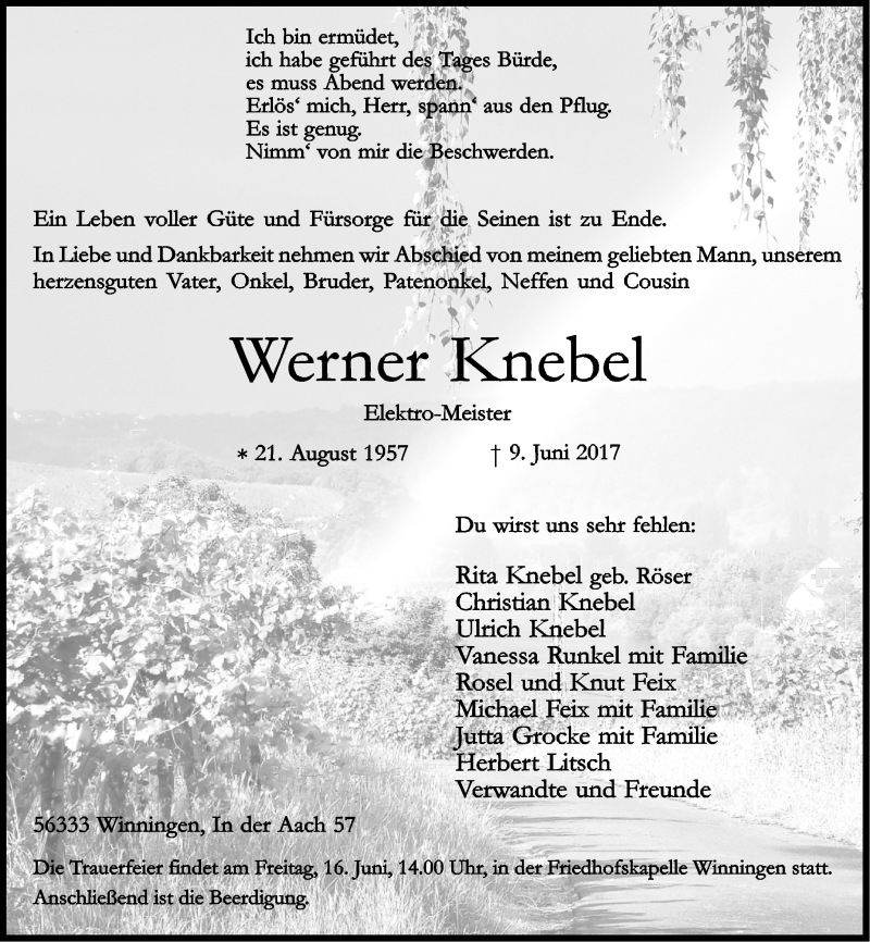  Traueranzeige für Werner Knebel vom 13.06.2017 aus Rhein-Zeitung