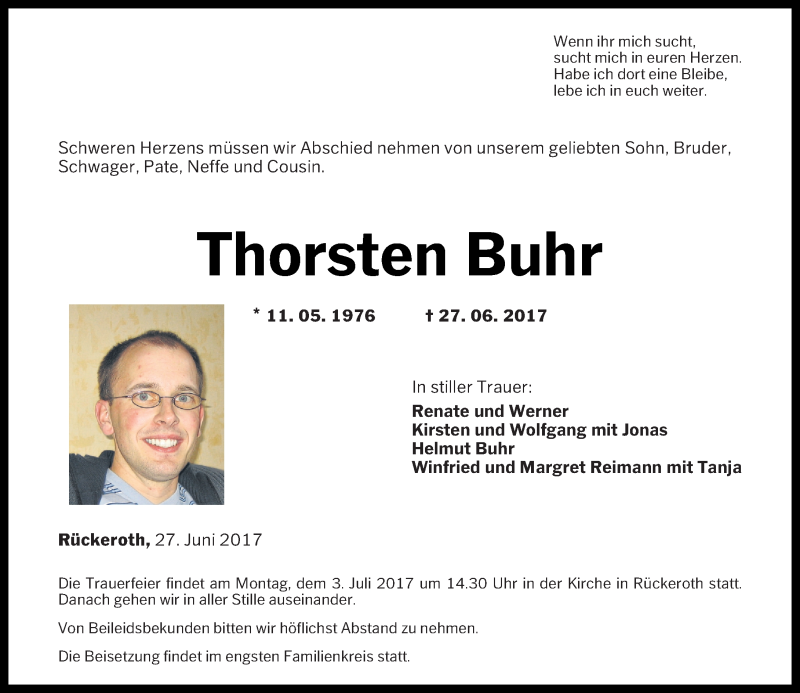  Traueranzeige für Thorsten Buhr vom 01.07.2017 aus RZ Trauer