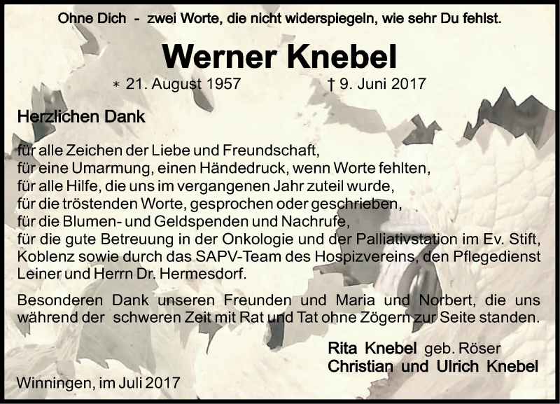  Traueranzeige für Werner Knebel vom 22.07.2017 aus Rhein-Zeitung