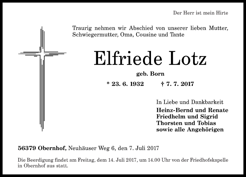  Traueranzeige für Elfriede Lotz vom 11.07.2017 aus Rhein-Lahn-Zeitung