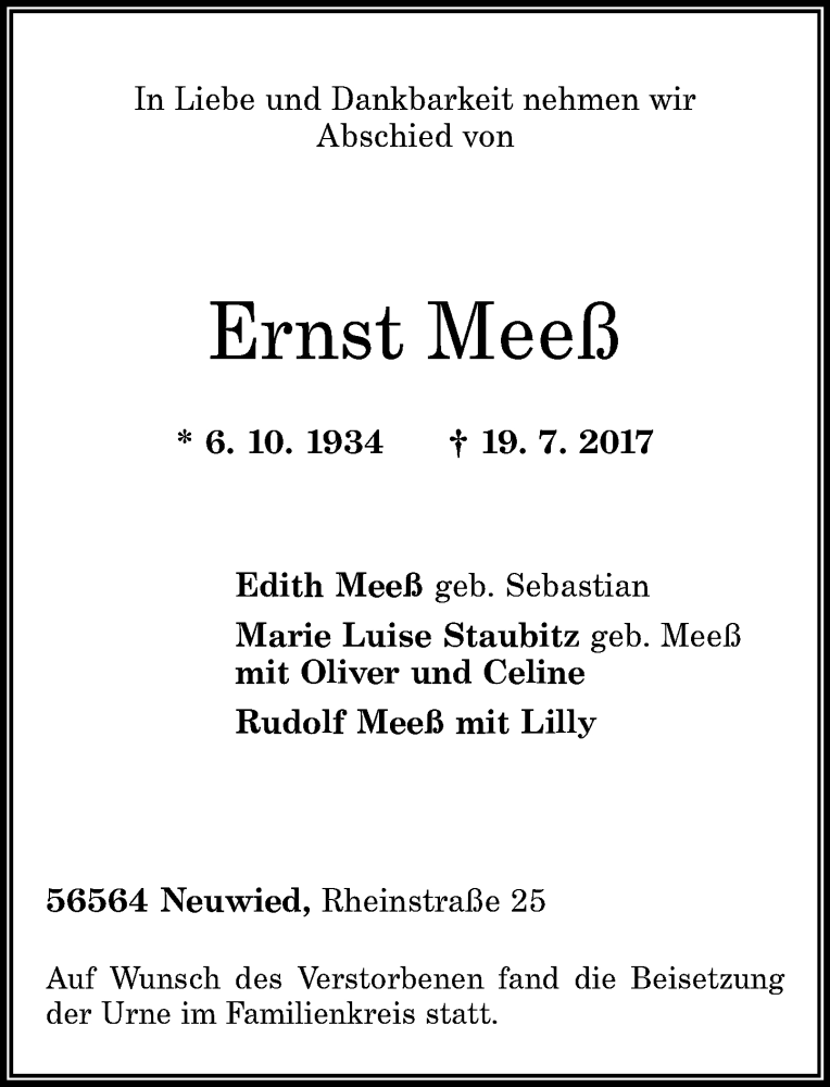  Traueranzeige für Ernst Meeß vom 29.07.2017 aus Rhein-Zeitung