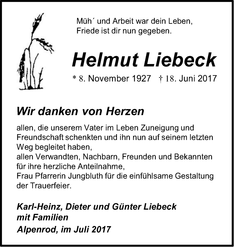  Traueranzeige für Helmut Liebeck vom 29.07.2017 aus Westerwälder Zeitung