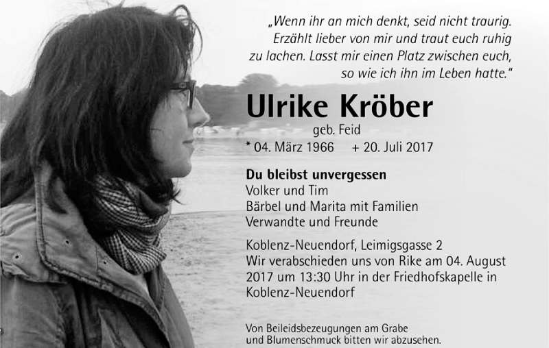  Traueranzeige für Ulrike Kröber vom 29.07.2017 aus Rhein-Zeitung
