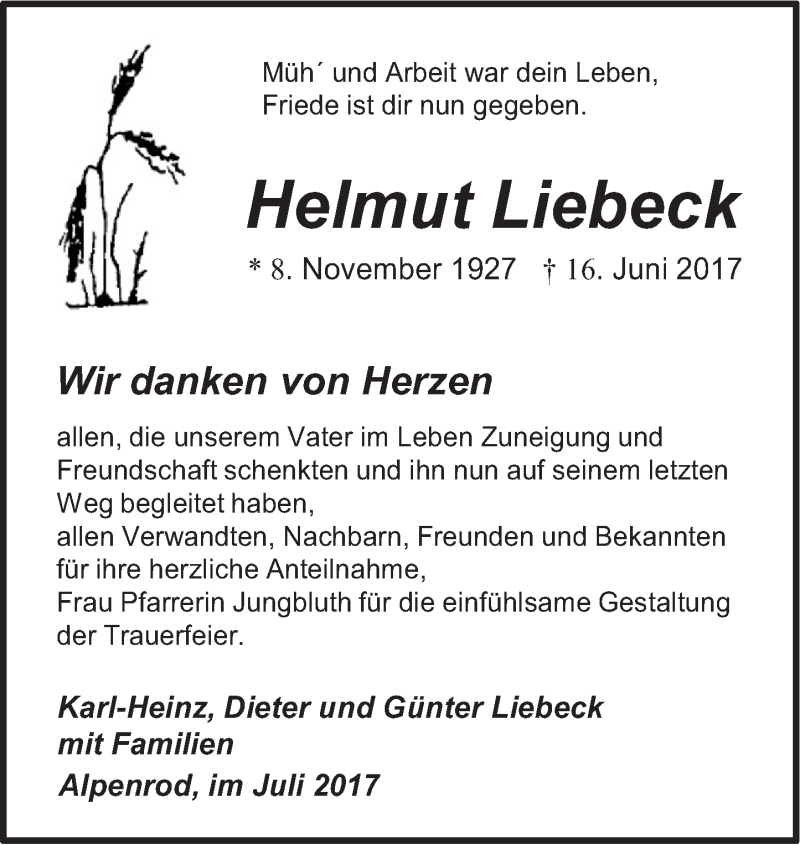  Traueranzeige für Helmut Liebeck vom 22.07.2017 aus Westerwälder Zeitung