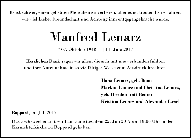  Traueranzeige für Manfred Lenarz vom 07.07.2017 aus Rhein-Zeitung