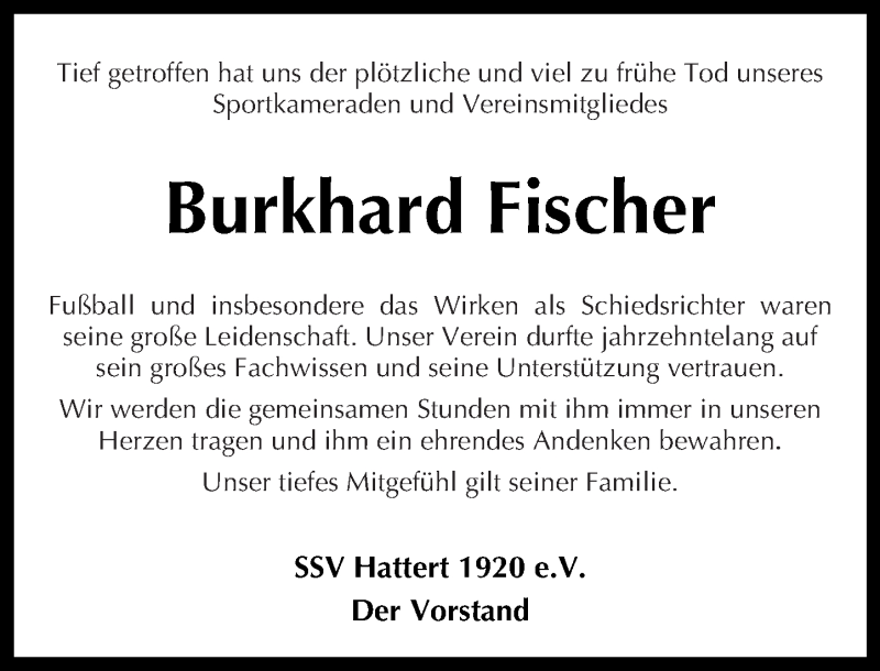  Traueranzeige für Burkhard Fischer vom 12.08.2017 aus Westerwälder Zeitung