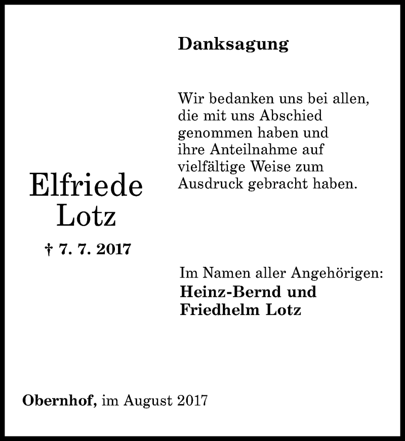  Traueranzeige für Elfriede Lotz vom 19.08.2017 aus Rhein-Lahn-Zeitung