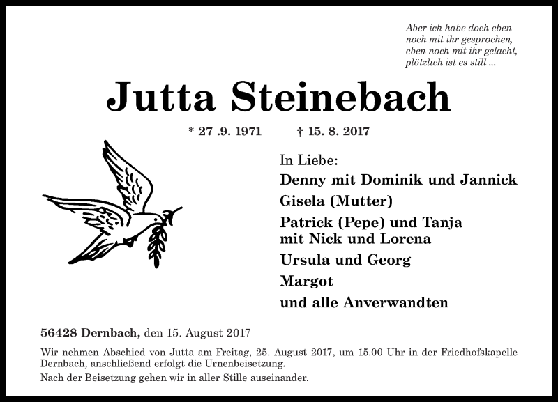  Traueranzeige für Jutta Steinebach vom 23.08.2017 aus Westerwälder Zeitung