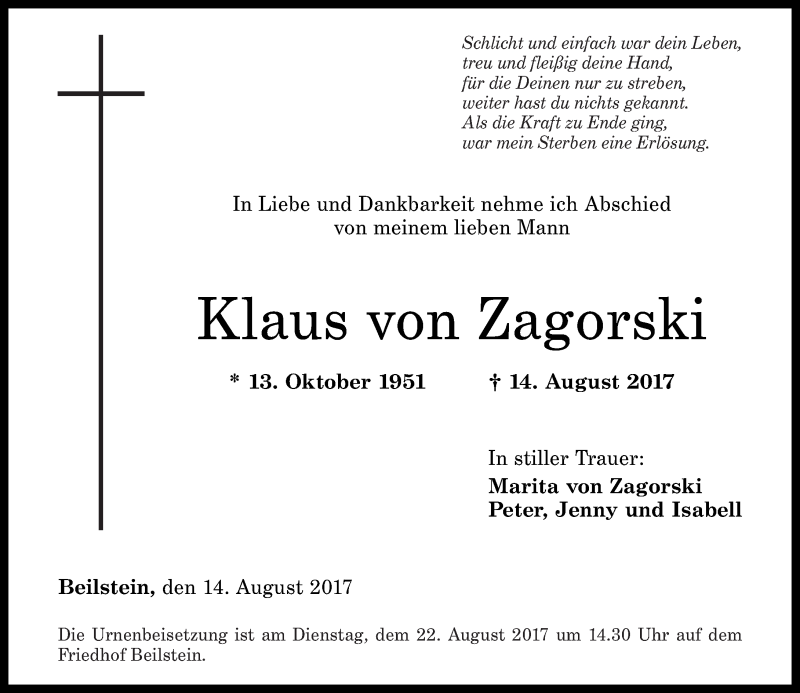  Traueranzeige für Klaus von Zagorski vom 19.08.2017 aus Rhein-Zeitung