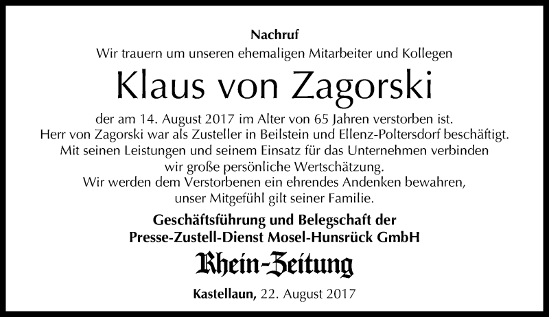  Traueranzeige für Klaus von Zagorski vom 22.08.2017 aus Rhein-Zeitung
