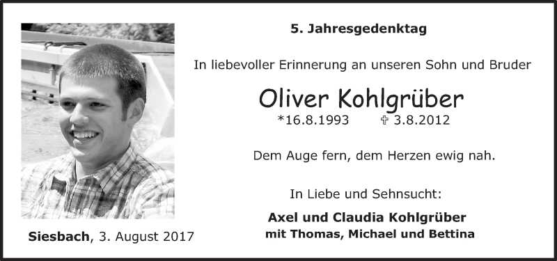  Traueranzeige für Oliver Kohlgrüber vom 03.08.2017 aus Nahe-Zeitung