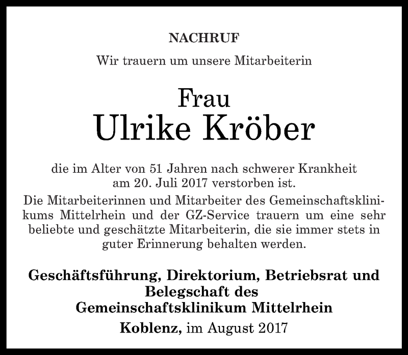  Traueranzeige für Ulrike Kröber vom 02.08.2017 aus Rhein-Zeitung