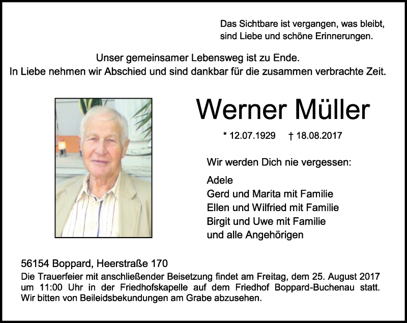  Traueranzeige für Werner Müller vom 21.08.2017 aus Rhein-Zeitung