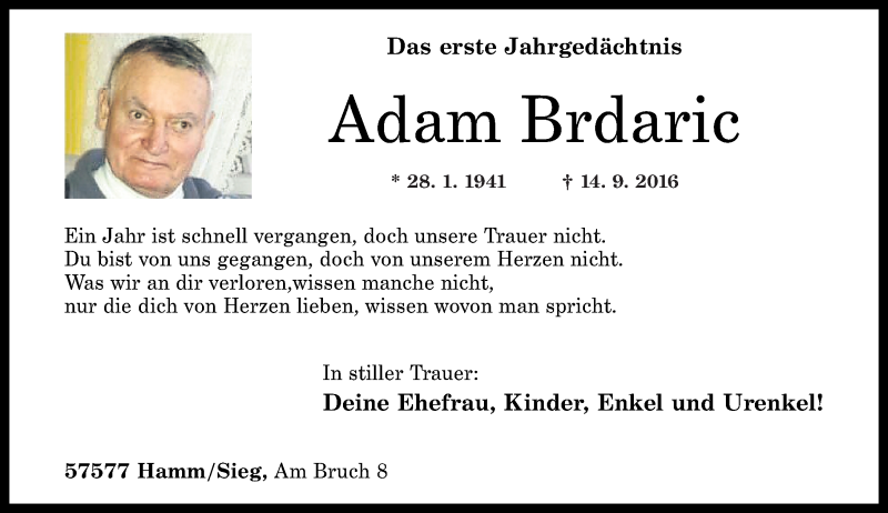  Traueranzeige für Adam Brdaric vom 23.09.2017 aus Rhein-Zeitung