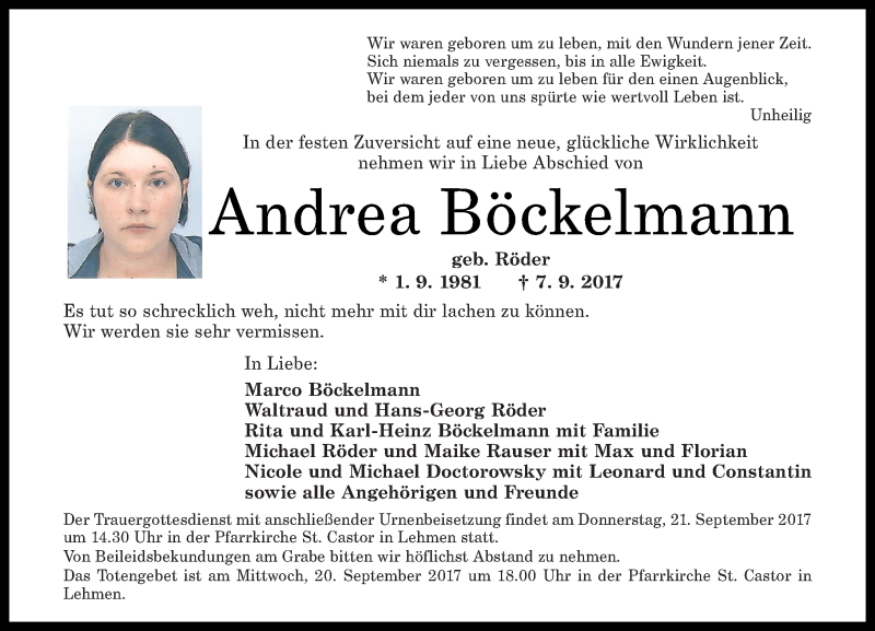  Traueranzeige für Andrea Böckelmann vom 19.09.2017 aus Rhein-Zeitung
