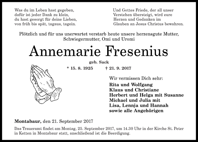  Traueranzeige für Annemarie Fresenius vom 22.09.2017 aus Westerwälder Zeitung