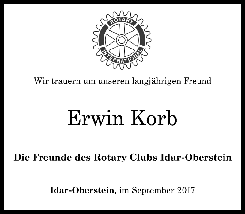  Traueranzeige für Erwin Korb vom 19.09.2017 aus Nahe-Zeitung