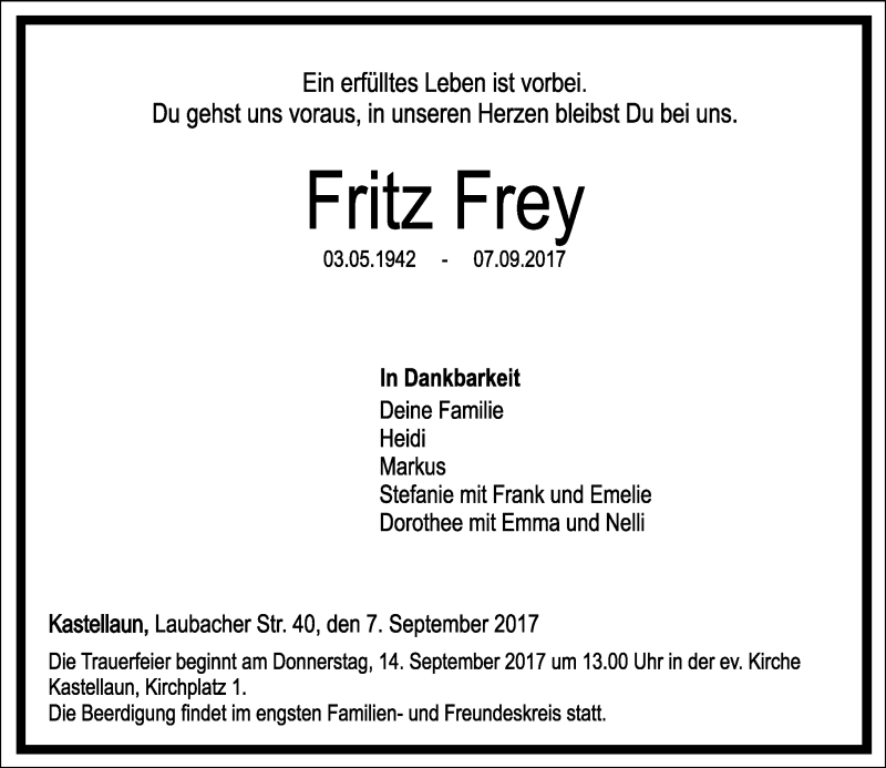  Traueranzeige für Fritz Frey vom 11.09.2017 aus Rhein-Hunsrück-Zeitung