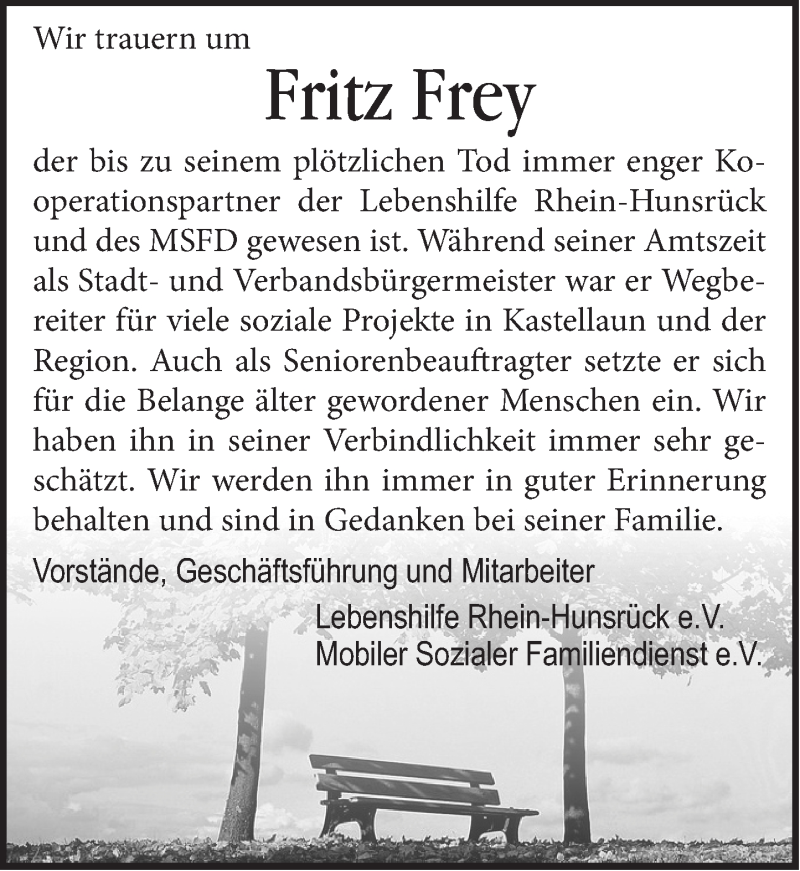  Traueranzeige für Fritz Frey vom 13.09.2017 aus Rhein-Hunsrück-Zeitung