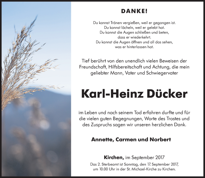  Traueranzeige für Karl-Heinz Dücker vom 09.09.2017 aus Rhein-Zeitung