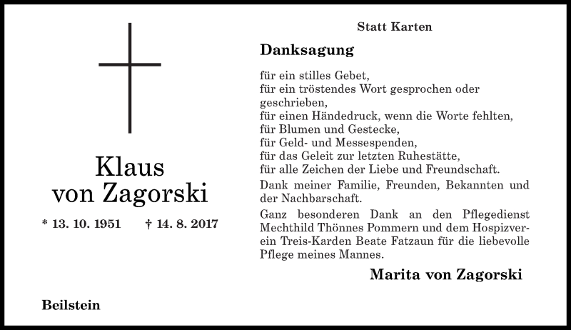  Traueranzeige für Klaus von Zagorski vom 09.09.2017 aus Rhein-Zeitung