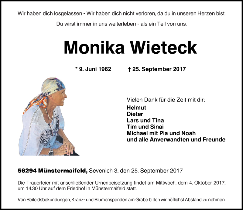  Traueranzeige für Monika Wieteck vom 30.09.2017 aus Rhein-Zeitung