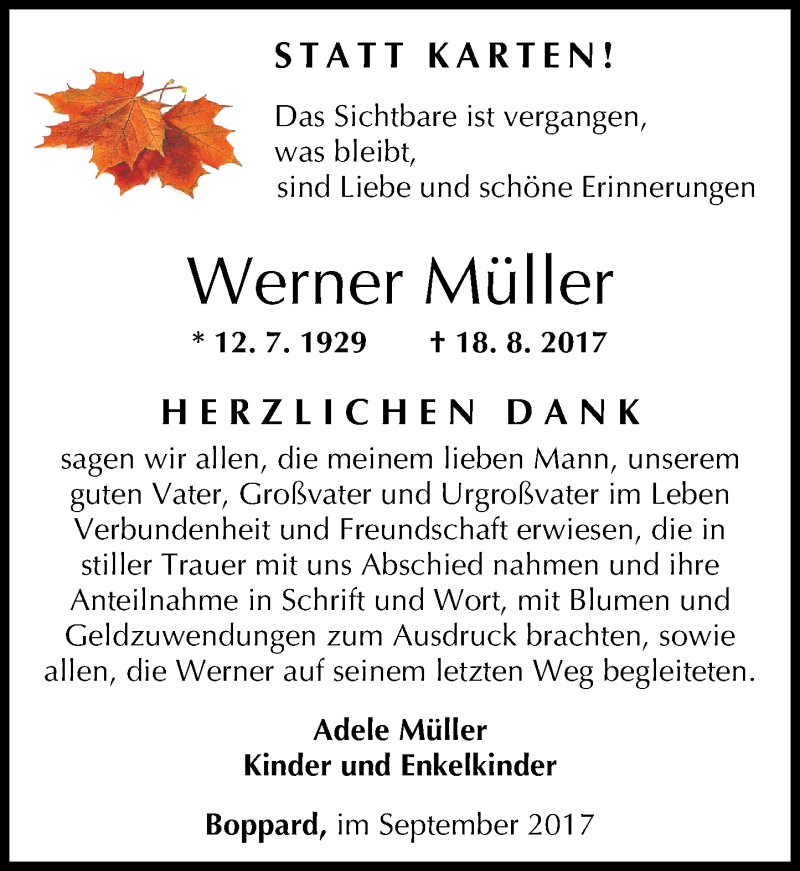  Traueranzeige für Werner Müller vom 23.09.2017 aus Rhein-Hunsrück-Zeitung