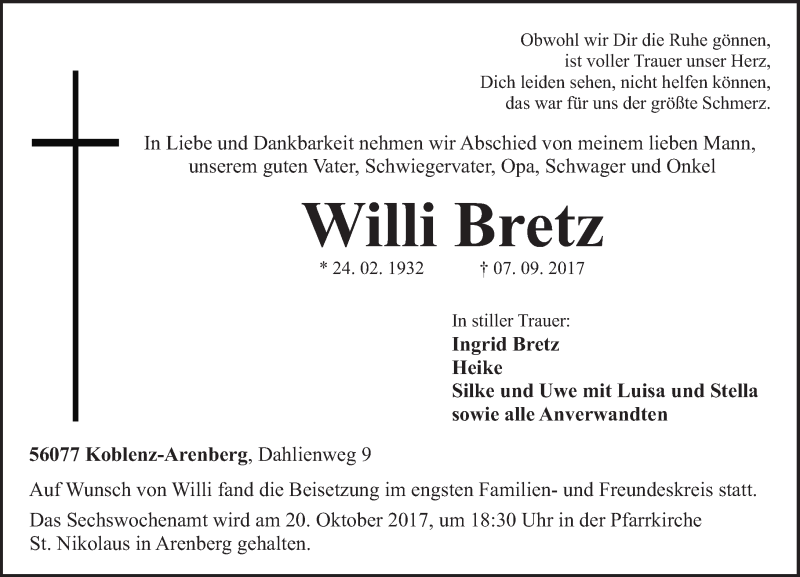  Traueranzeige für Willi Bretz vom 16.09.2017 aus Rhein-Zeitung