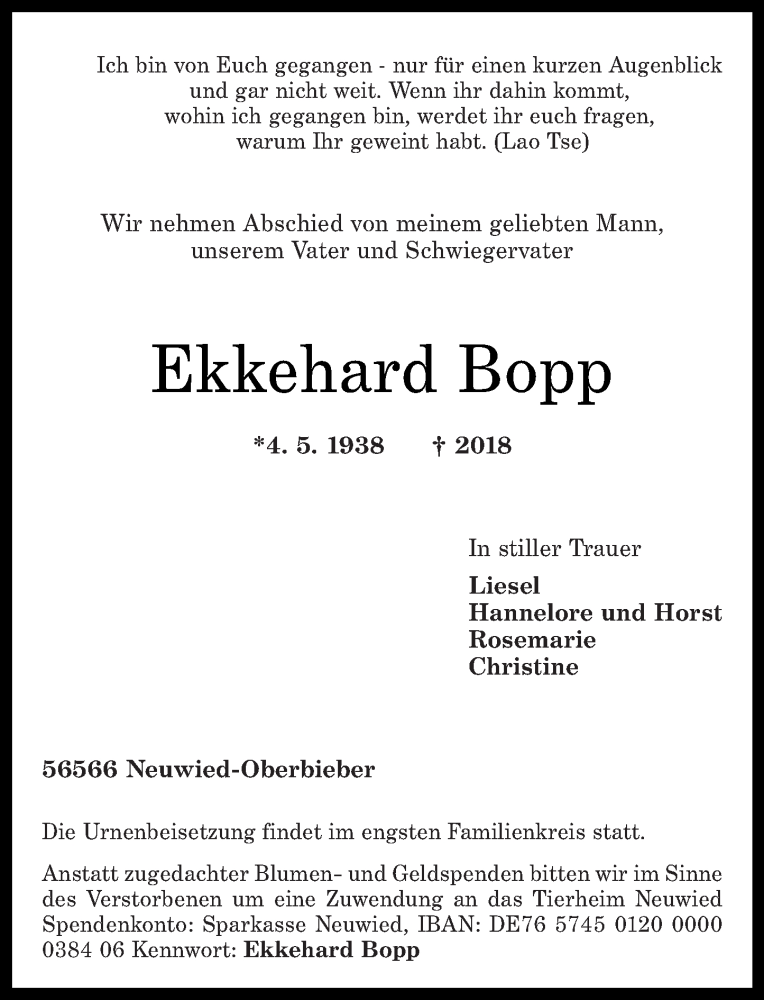  Traueranzeige für Ekkehard Bopp vom 06.10.2018 aus Rhein-Zeitung
