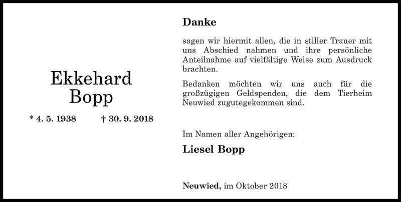  Traueranzeige für Ekkehard Bopp vom 27.10.2018 aus Rhein-Zeitung