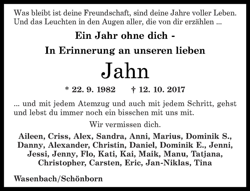 Traueranzeige für Jahn Seelbach vom 12.10.2018 aus Rhein-Lahn-Zeitung