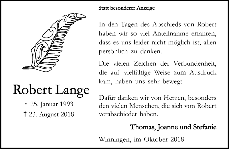  Traueranzeige für Robert Lange vom 13.10.2018 aus Rhein-Zeitung