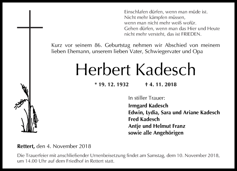  Traueranzeige für Herbert Kadesch vom 08.11.2018 aus Rhein-Lahn-Zeitung