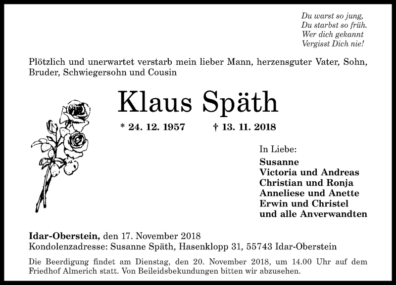  Traueranzeige für Klaus Späth vom 17.11.2018 aus Nahe-Zeitung