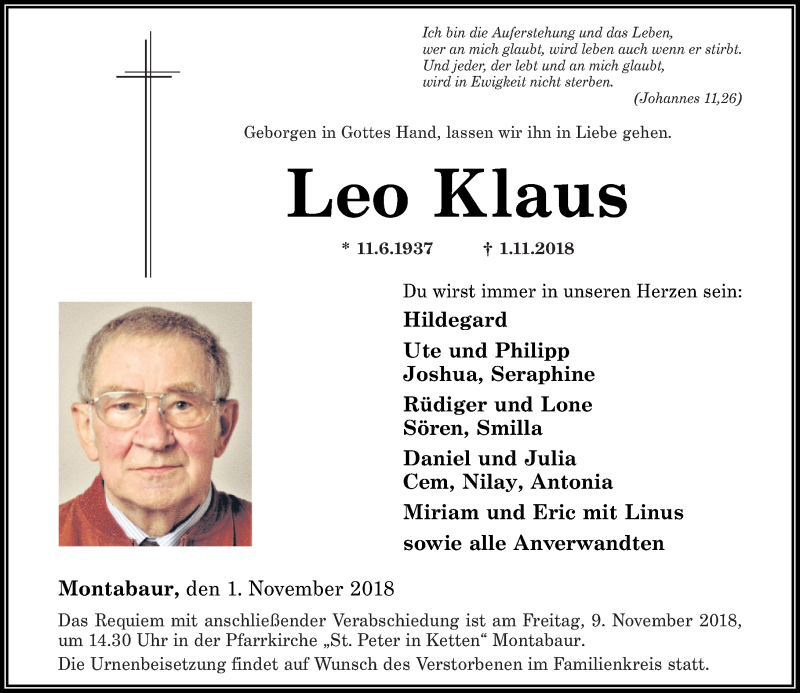  Traueranzeige für Leo Klaus vom 05.11.2018 aus Westerwälder Zeitung