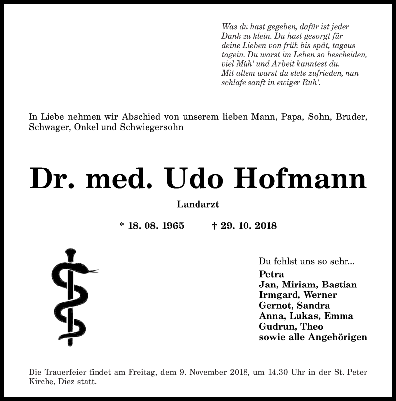  Traueranzeige für Udo Hofmann vom 06.11.2018 aus Rhein-Lahn-Zeitung