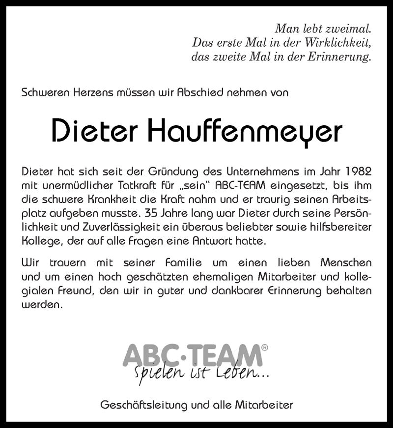  Traueranzeige für Dieter Hauffenmeyer vom 15.12.2018 aus Westerwälder Zeitung