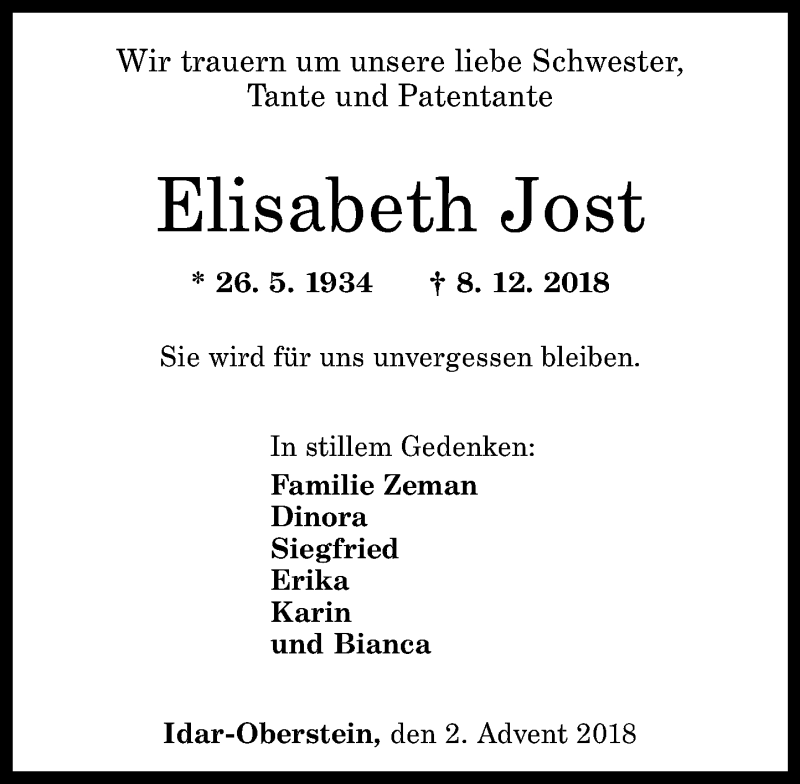  Traueranzeige für Elisabeth Jost vom 11.12.2018 aus Nahe-Zeitung