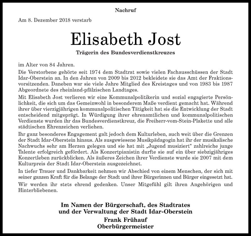  Traueranzeige für Elisabeth Jost vom 15.12.2018 aus Nahe-Zeitung