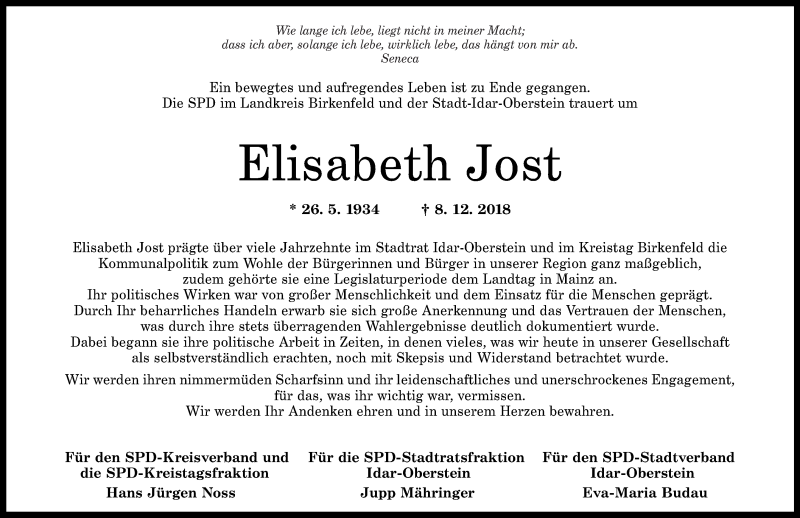 Traueranzeige für Elisabeth Jost vom 15.12.2018 aus Nahe-Zeitung