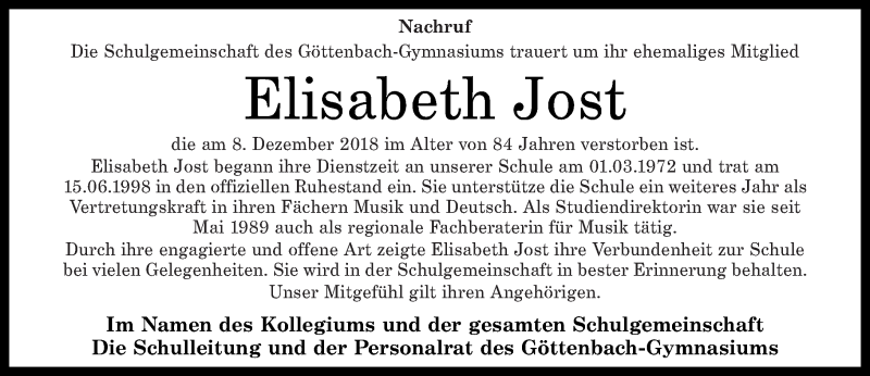  Traueranzeige für Elisabeth Jost vom 14.12.2018 aus Nahe-Zeitung