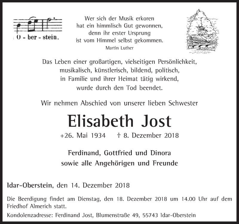  Traueranzeige für Elisabeth Jost vom 14.12.2018 aus Nahe-Zeitung
