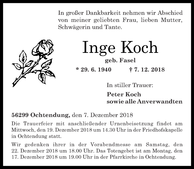  Traueranzeige für Inge Koch vom 15.12.2018 aus Rhein-Zeitung