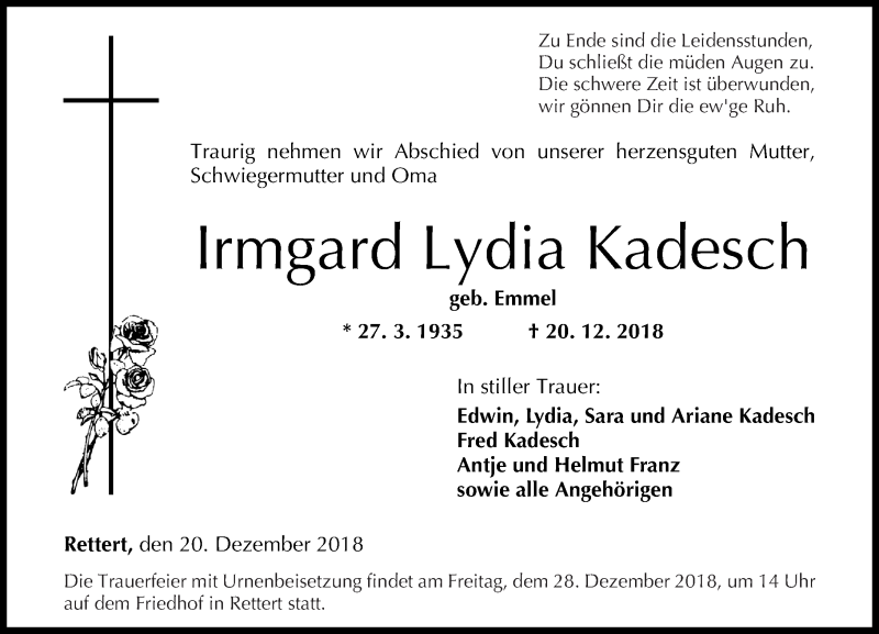  Traueranzeige für Irmgard Lydia Kadesch vom 24.12.2018 aus Rhein-Lahn-Zeitung