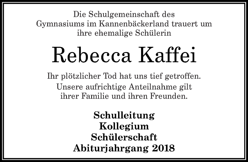  Traueranzeige für Rebecca Gemma Kaffei vom 22.12.2018 aus Westerwälder Zeitung