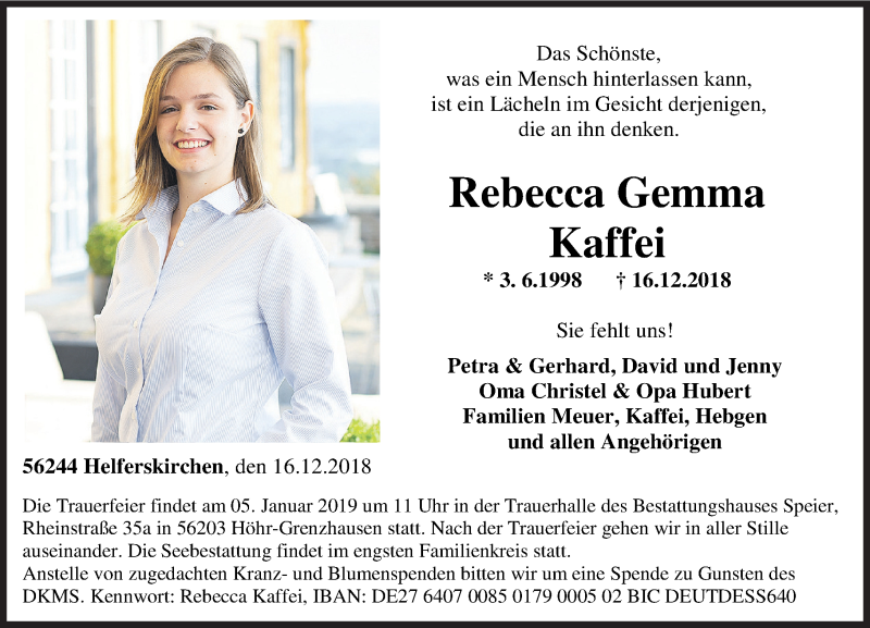  Traueranzeige für Rebecca Gemma Kaffei vom 22.12.2018 aus Westerwälder Zeitung